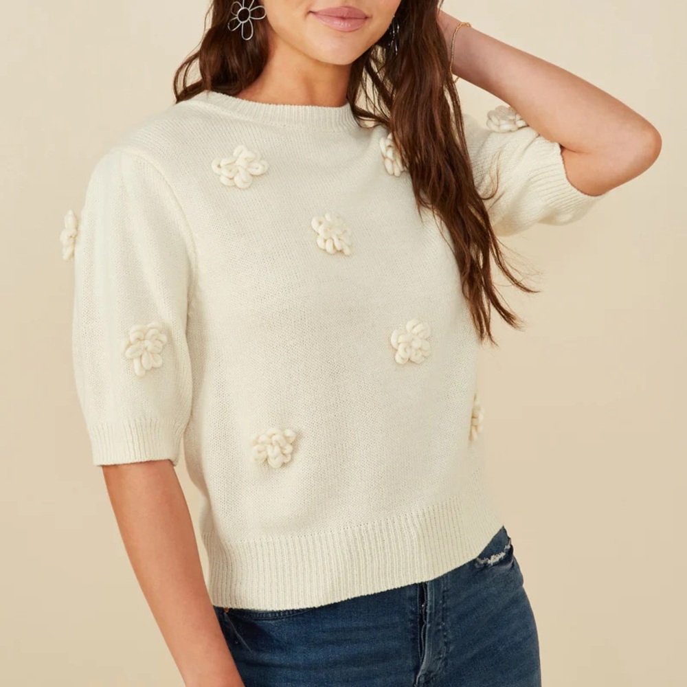 Hayden Los Angeles Hand Knit Floral Patch Sweater Top Cottagecore Grandma Spring